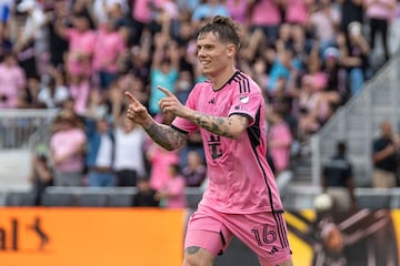 Inter Miami's #16 Robert Taylor celebrates after scoring his team�s 3rd goal during the MLS football match between Orlando City and Inter Miami FC at Chase Stadium in Fort Lauderdale, Florida, on March 2, 2024. (Photo by Chris ARJOON / AFP)